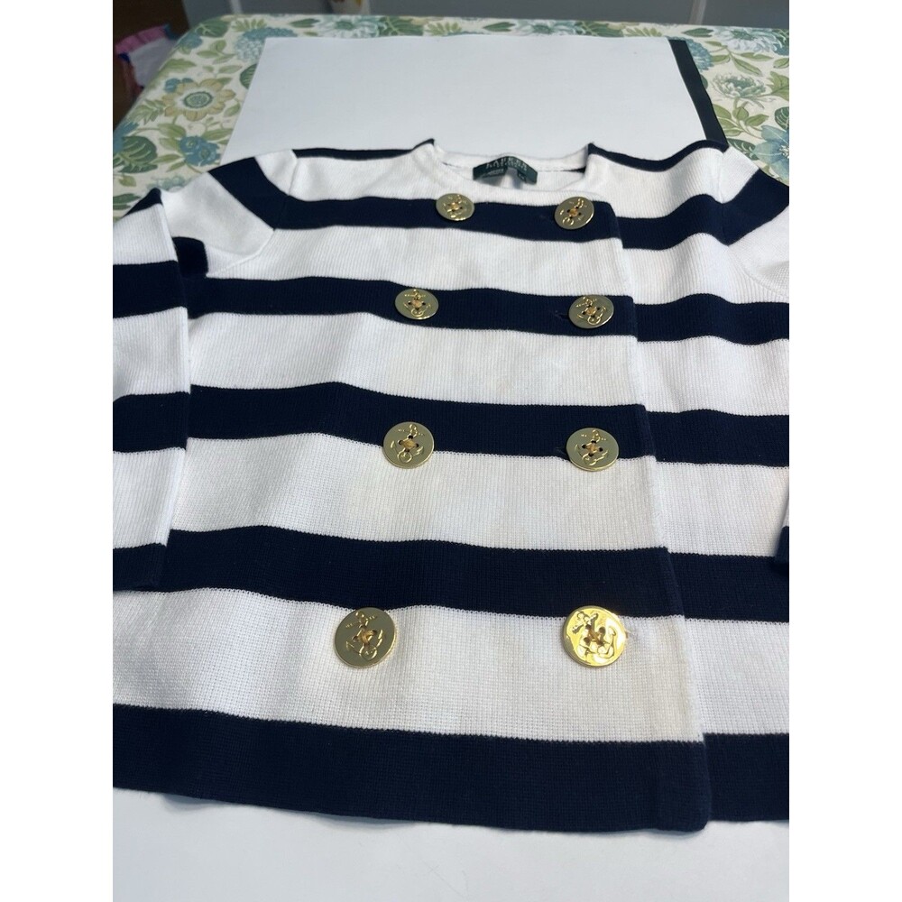 Ralph Lauren Blue White Striped Large Gold Buttons Nautical Sweater SP Hong Kong